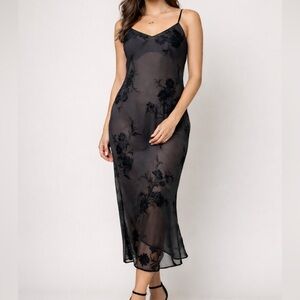 Vintage Valerie Stevens Sheer Flocked Mesh Velvet Floral Midi Slip Designer Gown